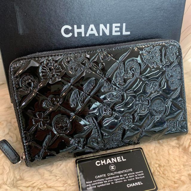 ☆外観美品☆CHANEL アイコン ラウンドファスナー長財布 パテントレザー 黒