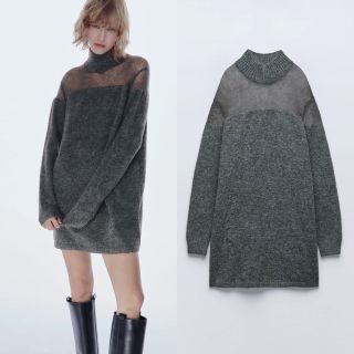 ザラ(ZARA)のZARA コントラスト セミシースルー ニットワンピース(ミニワンピース)