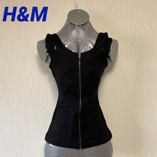 エイチアンドエム(H&M)のH&M 黒 前ジッパー ノースリーブトップス(Tシャツ(半袖/袖なし))
