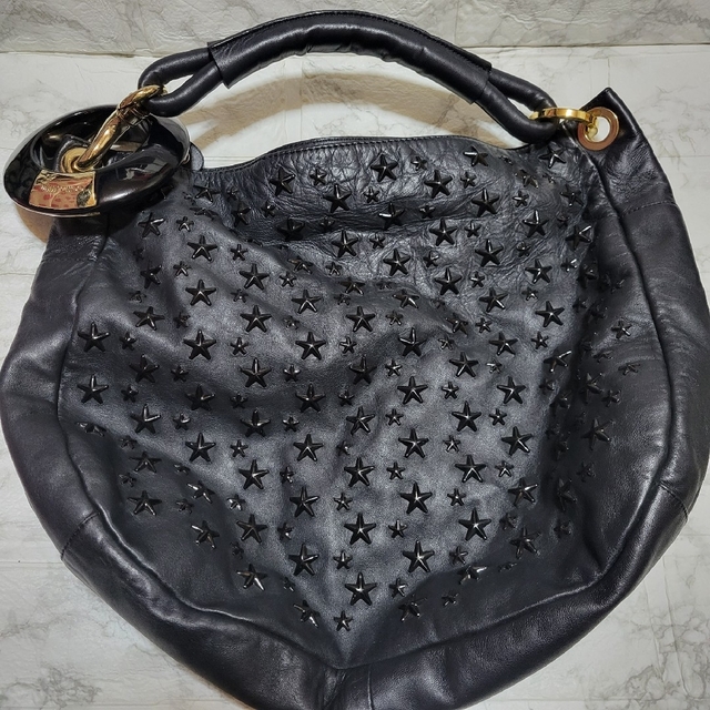 美品JIMMY CHOO レザーハンドバッグ スタッズ ブラック スカイバッグ-