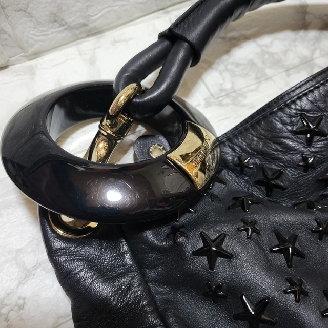 美品JIMMY CHOO レザーハンドバッグ スタッズ ブラック スカイバッグ-