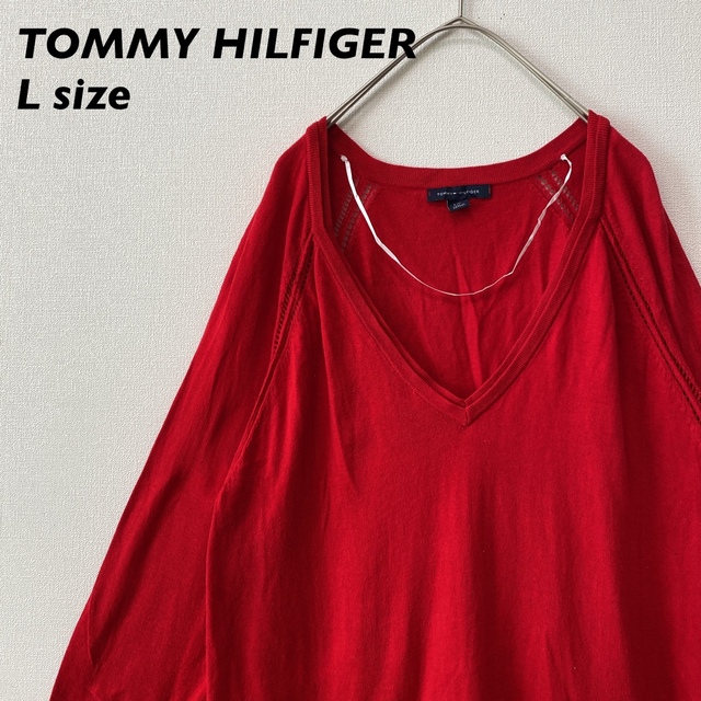 TOMMY HILFIGER(トミーヒルフィガー)のトミーヒルフィガー　ニット　セーター　無地　プレーン　Vネック　赤色　Lサイズ レディースのトップス(ニット/セーター)の商品写真