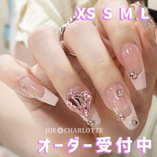 No.98 XS ジェルネイルチップ クリスタルハート ピンク ラメフレンチ コスメ/美容のネイル(つけ爪/ネイルチップ)の商品写真