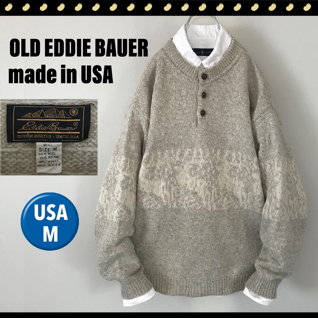 メンズOLD EDDIE BAUER★90s 黒タグ★USA製★ヘンリーネックセーター