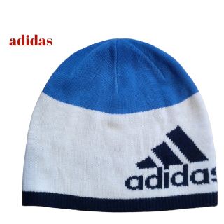 アディダス(adidas)の【90S古着】adidas アディダスニット帽キャップ　白　青　ビーニー(ニット帽/ビーニー)