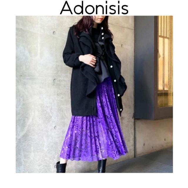 新品　Adonisis フロントラッフルデザインコート　ブラック　黒　F パール