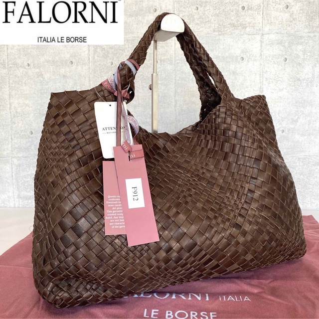 美品】FALORNI イントレチャート ダークブラウン ラムレザートート
