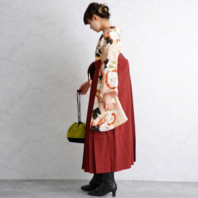2尺袖着物 袴 2点セット 袴91cm(身長153-158cm) 袴セット 卒業式 大学生 着物 女性 花 ベージュ系 女性 ladies カフェオレ 朱色 オレンジ 黒 朝顔 あさがお 古典柄 大正浪漫 国内染色 個性派 個性的 大学生 大人 卒業式 謝恩会 USED リサイクル - 3