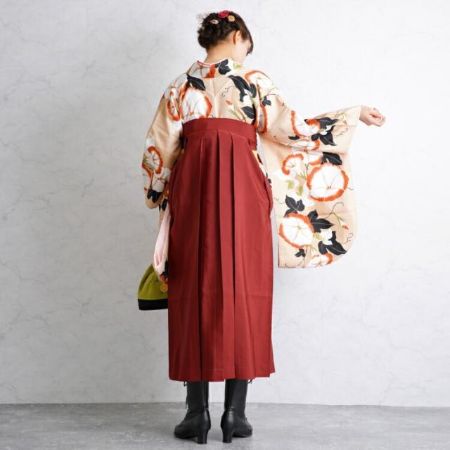 2尺袖着物 袴 2点セット 袴91cm(身長153-158cm) 袴セット 卒業式 大学生 着物 女性 花 ベージュ系 女性 ladies カフェオレ 朱色 オレンジ 黒 朝顔 あさがお 古典柄 大正浪漫 国内染色 個性派 個性的 大学生 大人 卒業式 謝恩会 USED リサイクル - 4