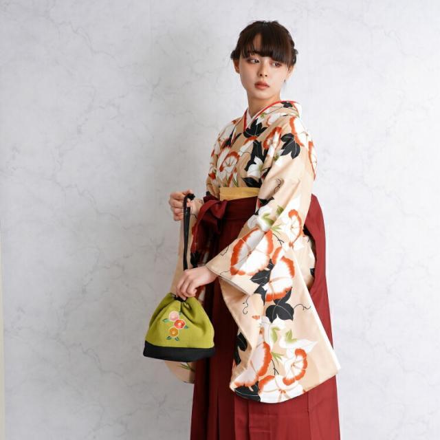 2尺袖着物 袴 2点セット 袴91cm(身長153-158cm) 袴セット 卒業式 大学生 着物 女性 花 ベージュ系 女性 ladies カフェオレ 朱色 オレンジ 黒 朝顔 あさがお 古典柄 大正浪漫 国内染色 個性派 個性的 大学生 大人 卒業式 謝恩会 USED リサイクル - 5