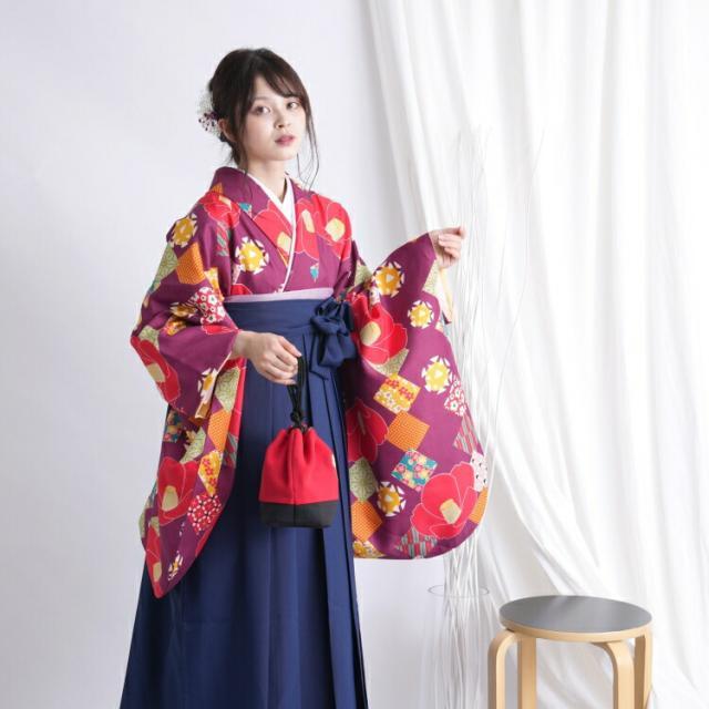【utatane公式】ひよこ商店 2尺袖着物 袴 2点セット 袴91cm(身長153 - 158cm) 袴セット 卒業式 大学生 女性 販売 購入 花 紫系 女性 ladies 赤 ピンク 緑 オレンジ 青 椿 幾何学 古典柄 大正浪漫 個性的 個性派 可愛い 目立つ 中古着物 エコ 卒業式 謝恩会 USED リサイクル