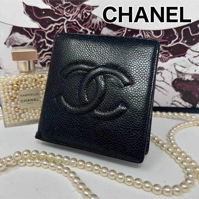 W10㎝ｘH10cmCHANEL シャネル キャビアスキン ココマーク 二つ折り財布 コンパクト財布