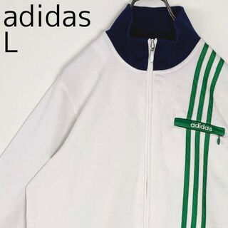 アディダス(adidas)のアディダス ロゴ刺繍トラックジャケット L ホワイト白 緑 襟高 3本ライン(ジャージ)