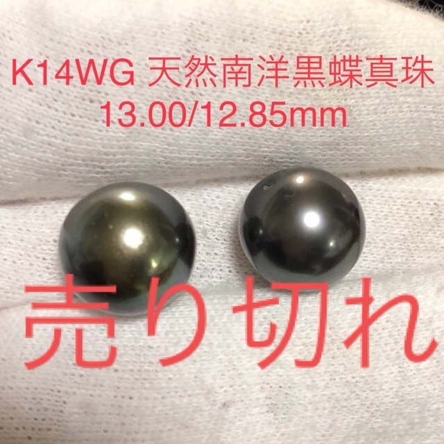 K14WG 天然南洋黒蝶真珠ピアス　13.00/12.85mm