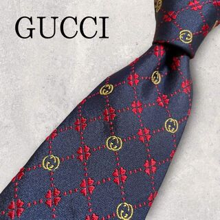 グッチ(Gucci)のGUCCI グッチ インターロッキング クローバー 格子柄 ネクタイ ネイビー(ネクタイ)