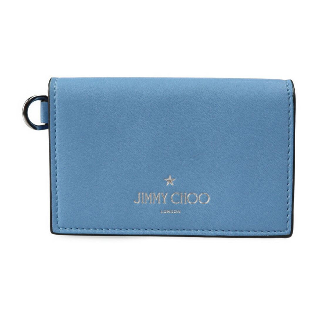 JIMMY CHOO(ジミーチュウ)のJIMMY CHOO ジミーチュウ  CLIFFY クリフィー カードケース  レザー   ライトブルー系 シルバー金具  二つ折り 名刺入れ 【本物保証】 レディースのファッション小物(パスケース/IDカードホルダー)の商品写真