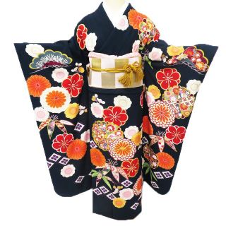 振袖 着物 正絹 花模様 松竹梅 菊 金駒刺繍 A817-10 L【中古】(着物)