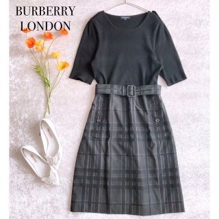 バーバリー(BURBERRY)の美品♡バーバリーロンドン　リブニット切り替えワンピース 大きいサイズ 44 黒(ひざ丈ワンピース)