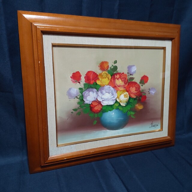 236 絵画 油彩 油絵 静物画 作者不明 花 花瓶 額装 額縁付き 本物品質