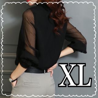 袖シフォンブラウス　とろみシャツ　ビジネスシャツ　輸入品　黒　ブラック　XL(シャツ/ブラウス(長袖/七分))