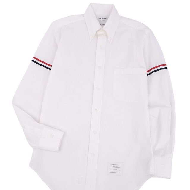 美品 トムブラウン THOM BROWNE シャツ コットン ボタンダウン 袖ライン メンズ 長袖 ロングスリーブ トップス 0(XS相当) ホワイト