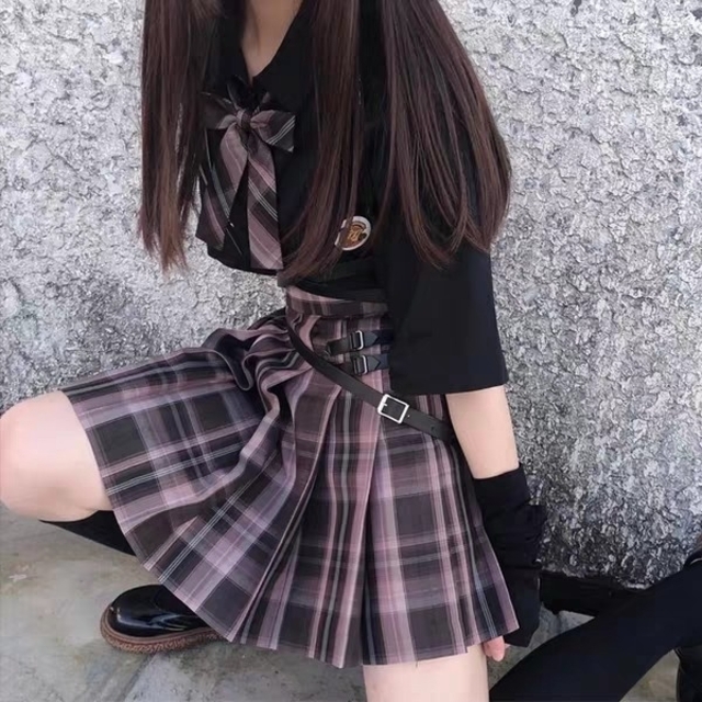 A⑫1 レディース シャツ 半袖 黒 制服 リボン 女学生 紫 ロック ク