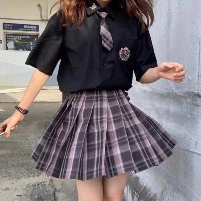 A⑫1 レディース シャツ 半袖 黒 制服 リボン 女学生 紫 ロック ク