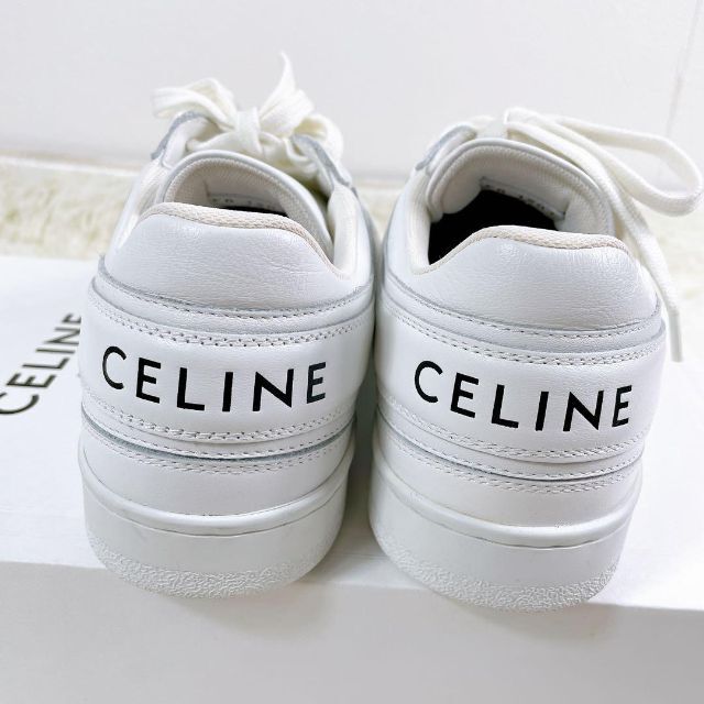 靴【美品】CELINE ロゴ レースアップ スニーカー ホワイト 37 24cm