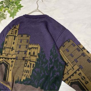 柄ニット 総柄 デザインニット 古着 レトロ お洒落 幾何学柄 刺繍 風景