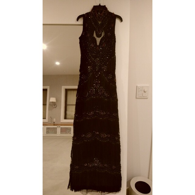 黒ロングドレス　フリンジビーズ　Mサイズ
