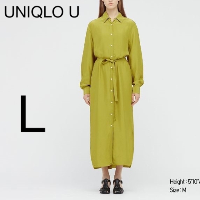 【未使用】UNIQLO U シャイニーレーヨンロングシャツワンピース（グリーン） | フリマアプリ ラクマ