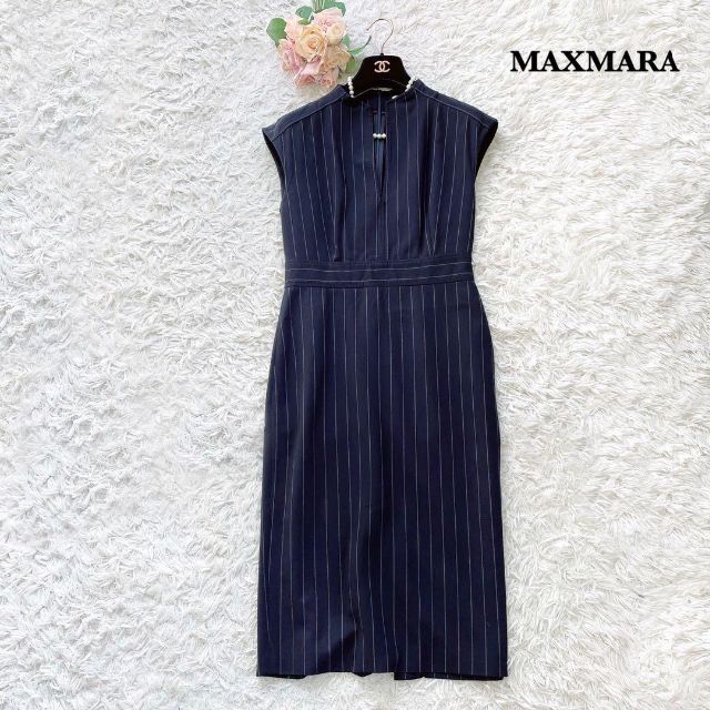 最高級白タグ】MAXMARA ひざ丈ワンピース ストライプ ネイビー 38 安い