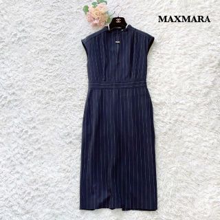 マックスマーラ(Max Mara)の【最高級白タグ】MAXMARA　ひざ丈ワンピース　ストライプ　ネイビー　38(ひざ丈ワンピース)