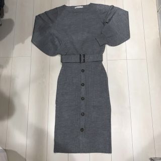 マウジー(moussy)の【美品】マウジーBUTTON UP BLOUSING OP グレー(ロングワンピース/マキシワンピース)