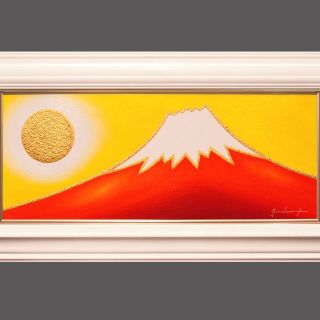 横長・希少ホワイト額付 『金の太陽の日の出赤富士』 がんどう