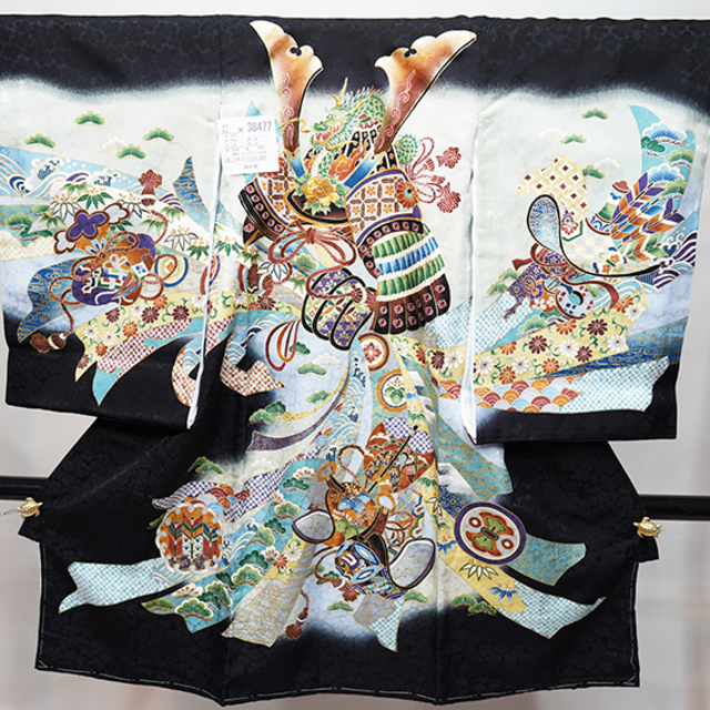 お宮参り 産着 男児 正絹 のしめ 綸子地 絞り 総刺繍 黒地 NO36718- お宮参り 産着 男児 正絹 のしめ 綸子地 絞り 総刺繍 黒地 NO36718-