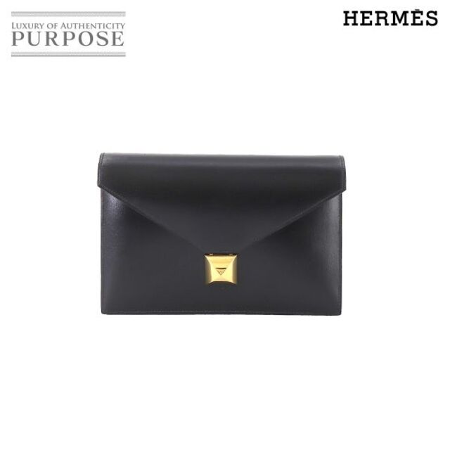 Hermes - エルメス HERMES メドール クラッチ バッグ ボックスカーフ ブラック 〇X刻印 ゴールド 金具 VLP 90179702