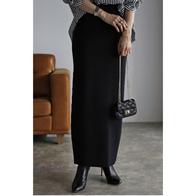 BONJOUR SAGAN ミラノリブIラインロングスカート ブラック レディースのスカート(ロングスカート)の商品写真