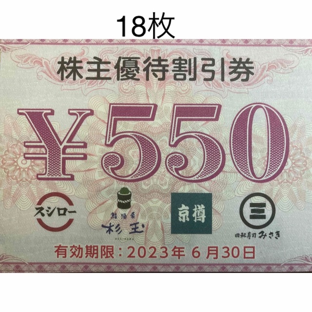 スシロー　株主優待割引券　２０枚
有効期限　２０２３年６月３０日