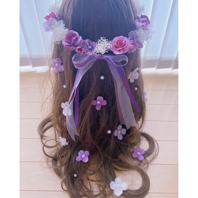 ラプンツェルハーフアップ髪飾り♡紫ウェディング