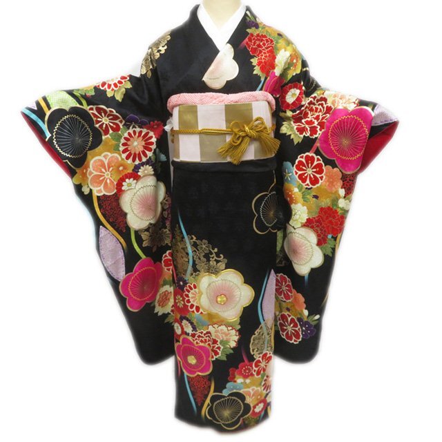 振袖 着物 正絹 立涌 花模様 梅 菊 牡丹 金駒刺繍 A778-6 L【中古】の