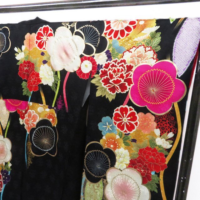 振袖 着物 正絹 立涌 花模様 梅 菊 牡丹 金駒刺繍 A778-6 L【中古】 レディースの水着/浴衣(着物)の商品写真