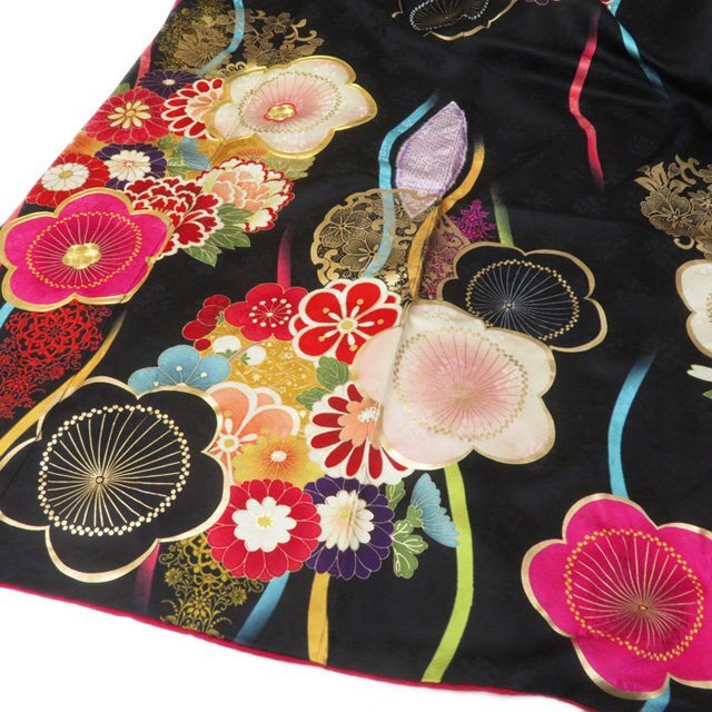 振袖 着物 正絹 立涌 花模様 梅 菊 牡丹 金駒刺繍 A778-6 L【中古】の