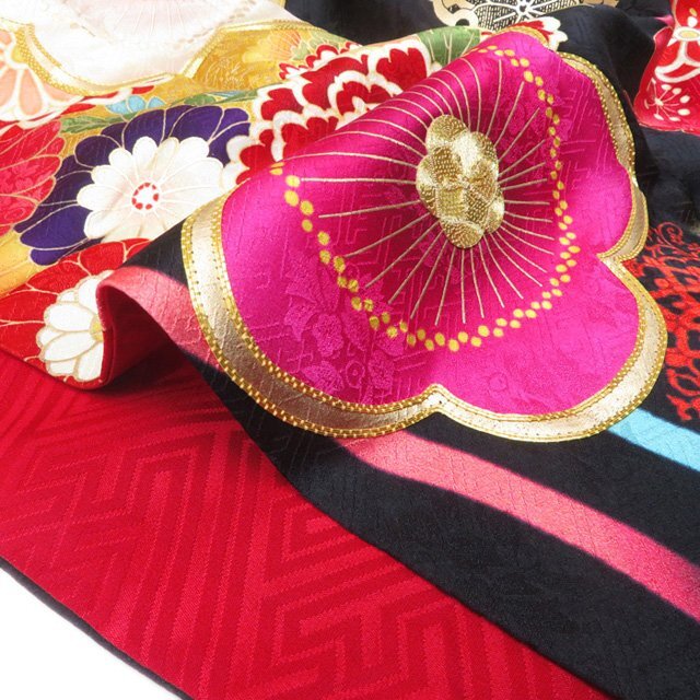 振袖 着物 正絹 立涌 花模様 梅 菊 牡丹 金駒刺繍 A778-6 L【中古】の