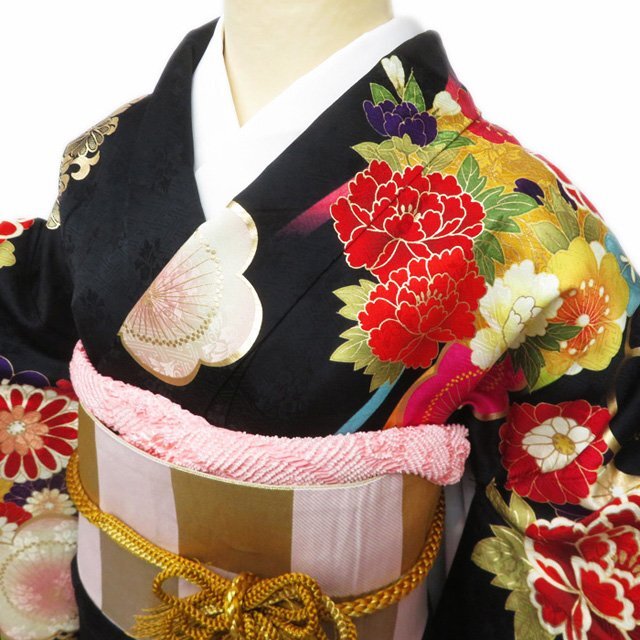 振袖 着物 正絹 立涌 花模様 梅 菊 牡丹 金駒刺繍 A778-6 L【中古】の