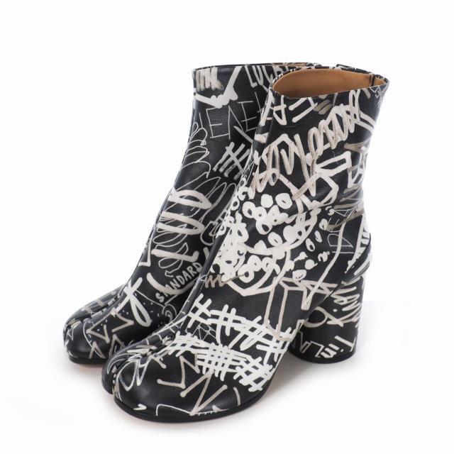 本物の Margiela Martin Maison - 36 総柄 ブーツ ヒール レザー タビ