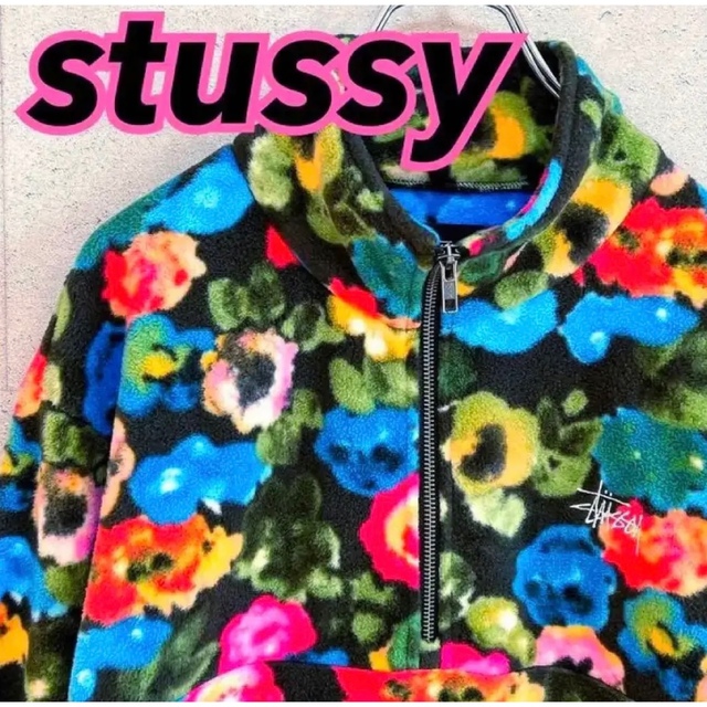 STUSSY 薔薇柄 ワンポイントロゴ スウェット 黒 / L-