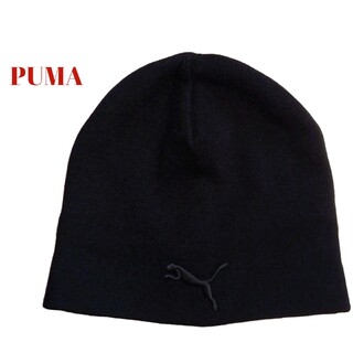 プーマ(PUMA)の【90S古着】pumaプーマニット帽キャップ　ブラック　刺繍ロゴ　ビーニー(ニット帽/ビーニー)