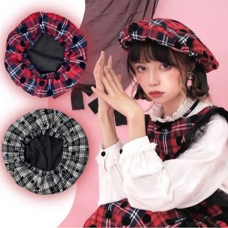 アクシーズファム(axes femme)のドットチェック　赤黒色ベレー帽　大正昭和　vintage やみかわ  ロリータ(ハンチング/ベレー帽)