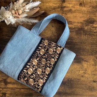 handmade denim×インド刺繍リボン ミニトート(バッグ)